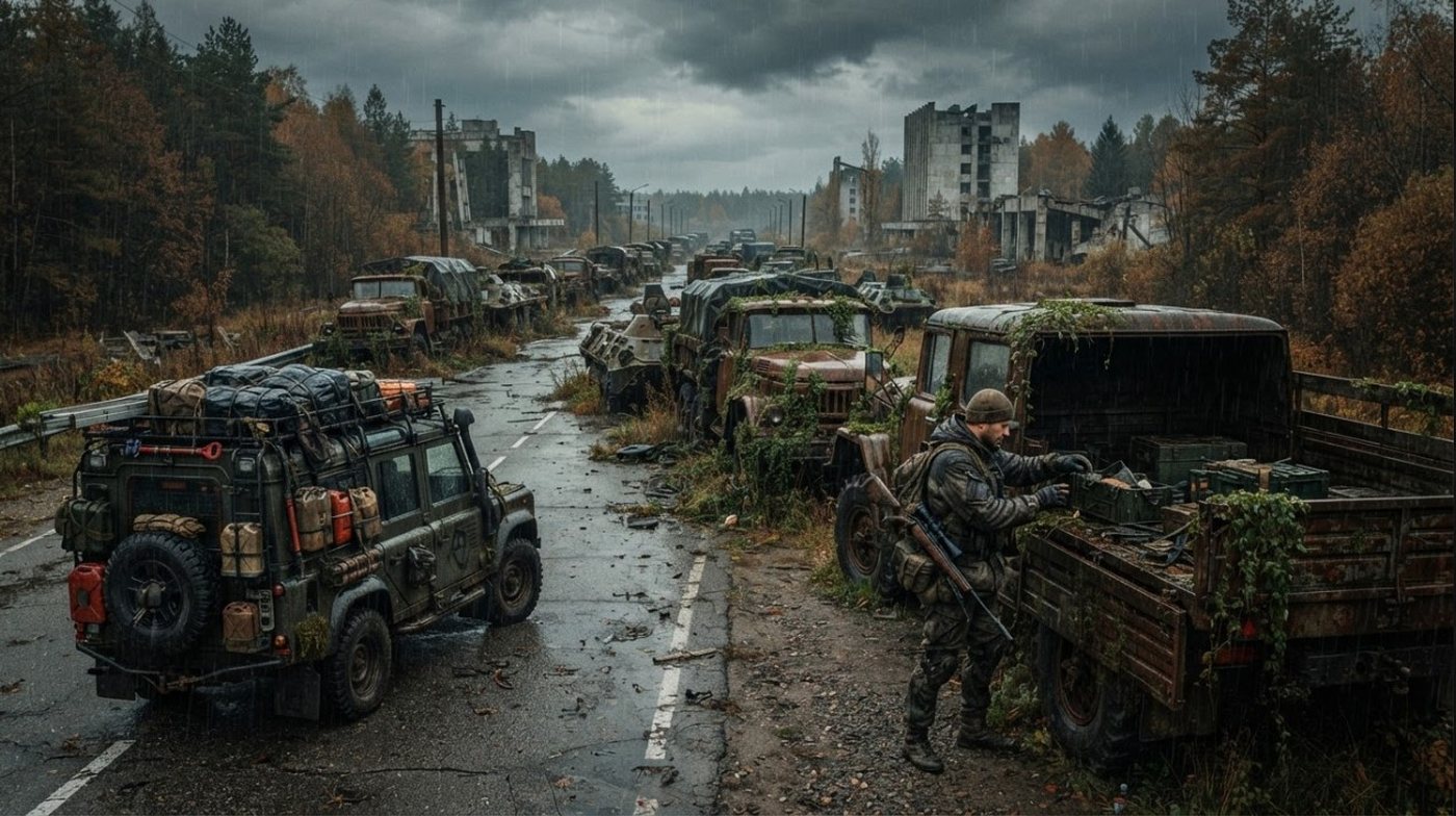 Verlassener Militärkonvoi auf einer Ausfallstraße im Regen