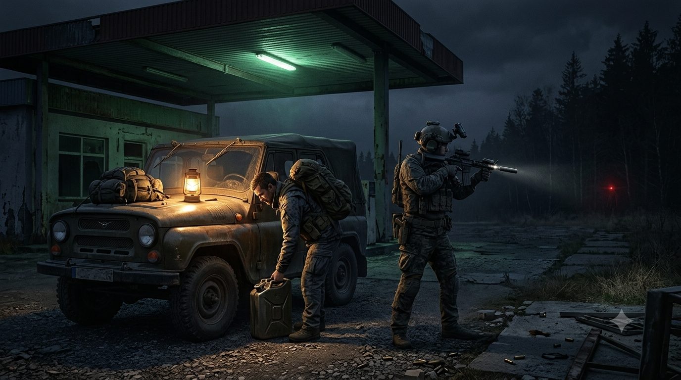 Zwei Männer betanken einen Geländewagen an einer Tankstelle bei Nacht
